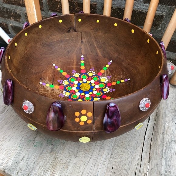 My Art!!! Upcyled Teak Bowl Stones Crystals Beads - Picture 3 of 9